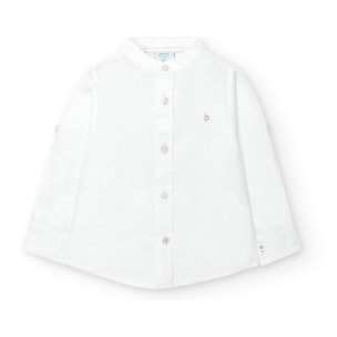 Camisa larga niño, lino estampada lisa, cuello mao, blanco
