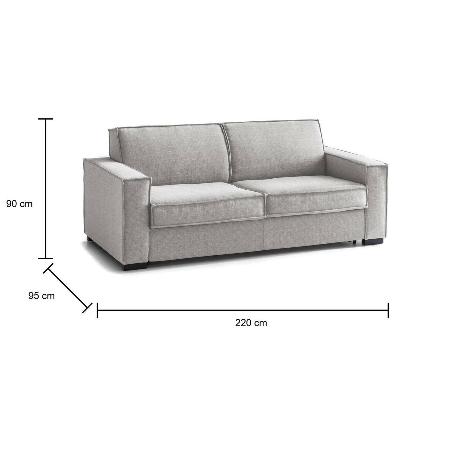 Divano letto 3 posti Asteroide, Sofà Soggiorno apertura girevole, Tessuto imbottito, Braccioli standard, 100% Made in Italy, Cm 220x95h90, Grigio