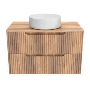 Meuble de Salle de Bains LEON 80cm Decor Bois - 2 Tiroirs en MDF Ondules - Vasque Ronde 36cm