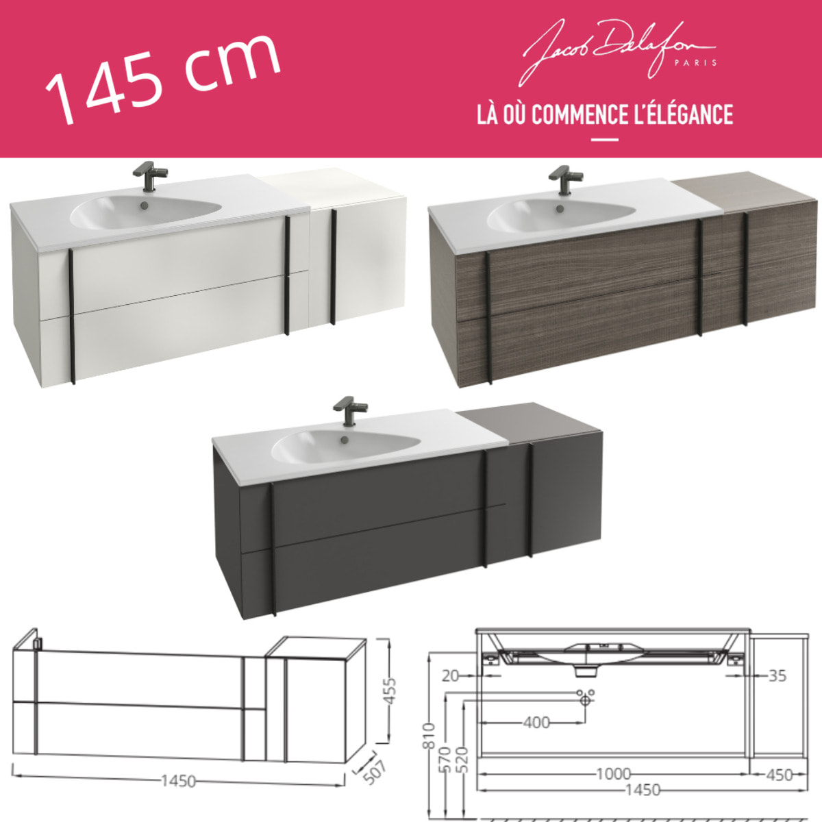 Meuble de salle de bain 145 cm Nouvelle Vague blanc brillant + tiroir rack + colonne version droite + miroir + pied