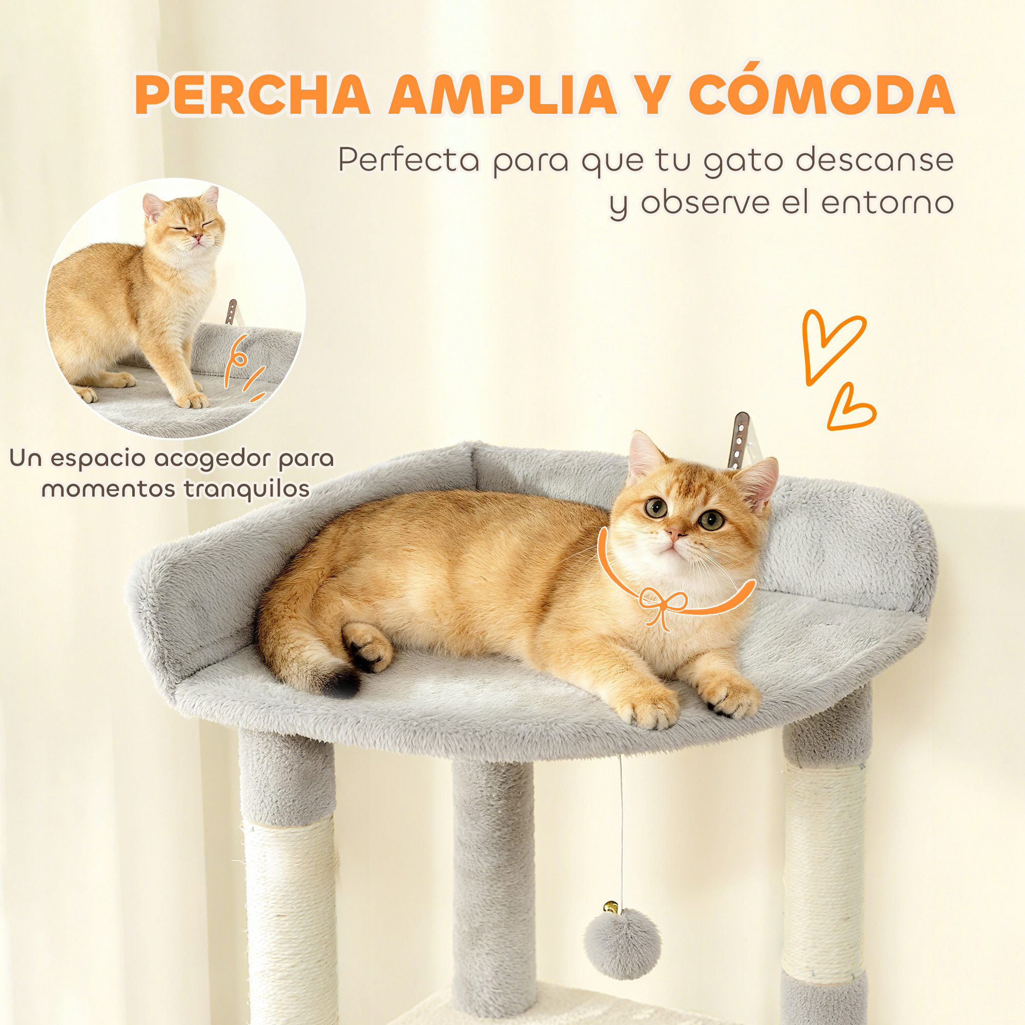Árbol Rascador para Gatos Grande, Árbol para Gatos, Altura 170 cm, Torre de Escalada con 7 Postes, 1 Túnel, 3 Plataformas, 2 Cuevas, 1 Hamaca, 1 Percha, 1 Rampa, Pompones, Gris Claro