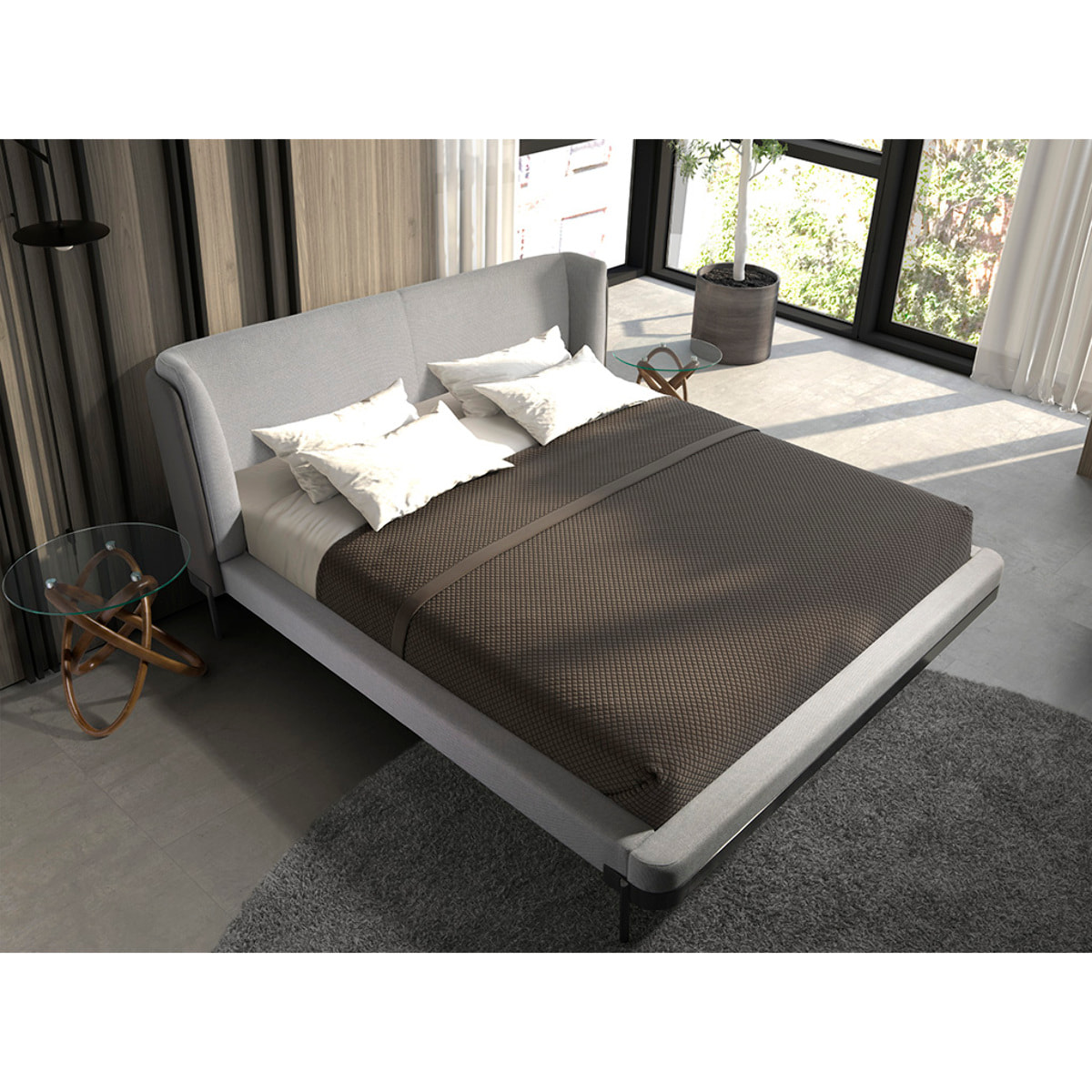 Cama Angel Cerdá de matrimonio con un cabecero y estructura en tela en gris claro y patas de acero inoxidable pulido oscurecido 218x229x105cm