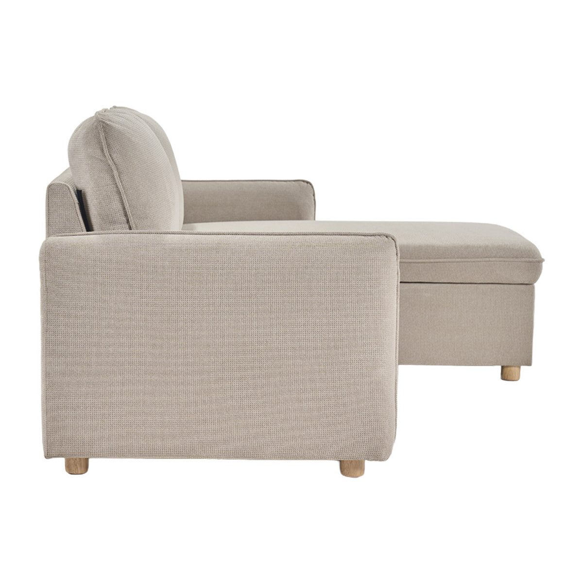 Canapé d'angle convertible réversible avec coffre 3 places en tissu chenille beige et bois clair ORSO
