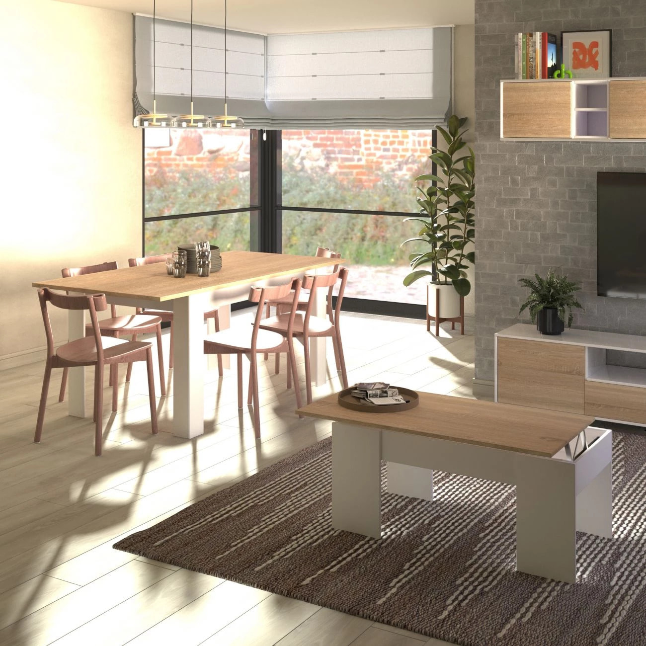 Pack mesa de comedor 123 y mesa de centro Vita Blanco Artik (Blanco Mate) - Roble Canadian