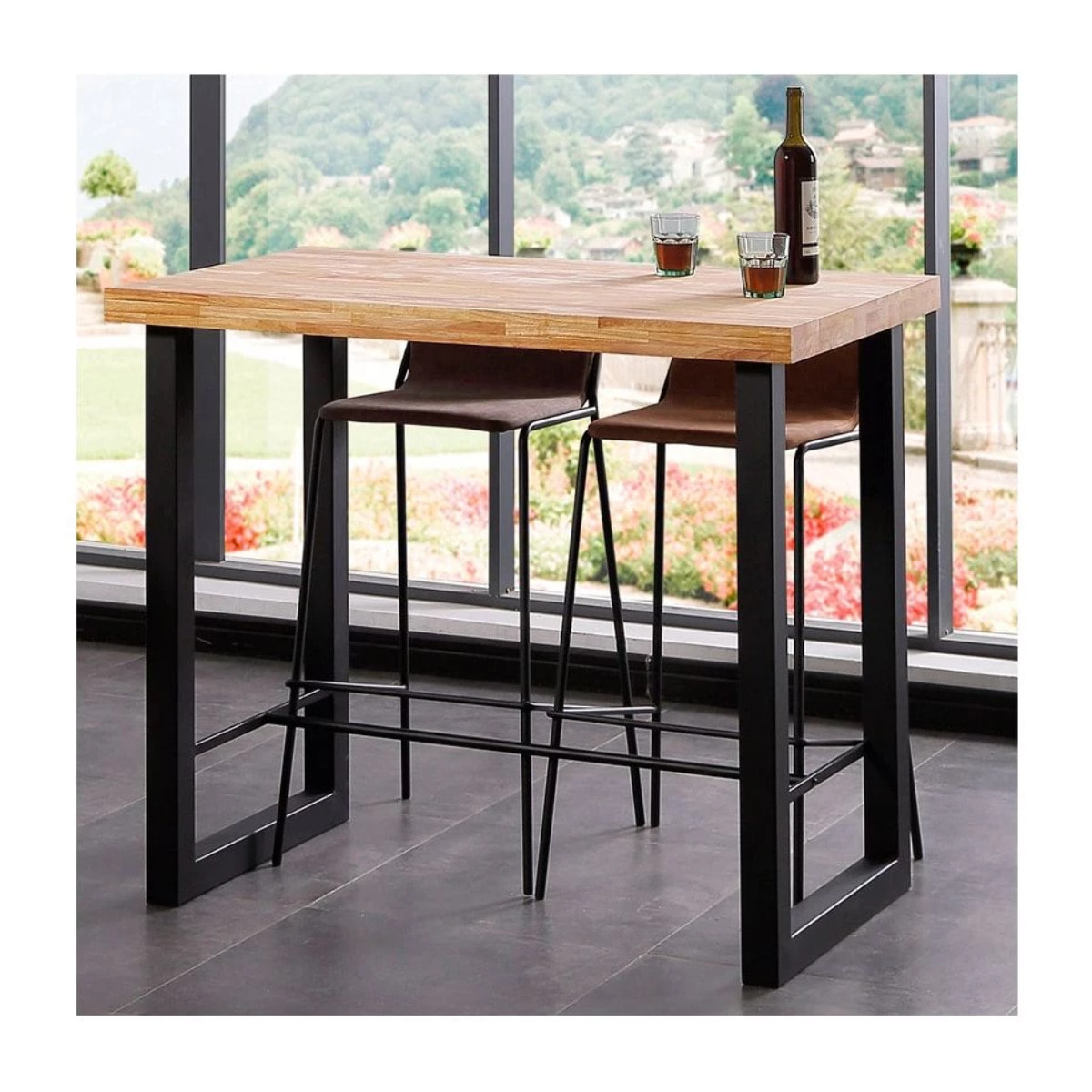 Mesa alta fija con patas metálicas en negro y roble salvaje 120x100 cm Loft Roble salvaje - Negro