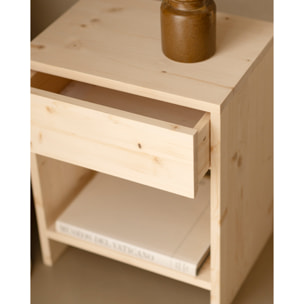 Pack de 2 mesitas de noche de madera maciza con un cajón en tono natural de varias medidas