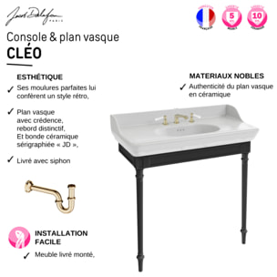 Console Cléo 1889 avec plan vasque 3 trous + miroir + mélangeur poignée lavabo or + siphon or