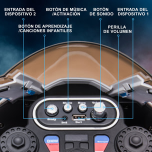 Moto Eléctrica BMW HP4 para Niños de +18 Meses Motocicleta de Batería 6V con Música USB Velocidad 2,5 km/h Avance y Retroceso Carga 30 kg 82,5x42x54 cm Azul