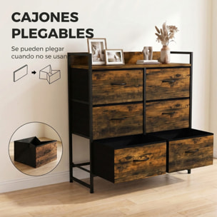 Cómoda con 6 Cajones de Tela Plegables, Cómoda para Dormitorio Industrial con Estante Abierto, Marco de Acero, Cajonera para Espacios Pequeños, Sala de Estar, Vestidor, Baño, Marrón Rústico