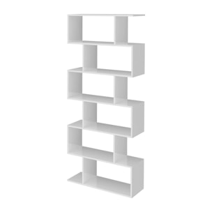 Libreria alta a zig zag a 6 scaffali aperti, Made in Italy, Scaffale per libri e documenti, Libreria da ufficio, cm 80x25h192, colore Bianco lucido