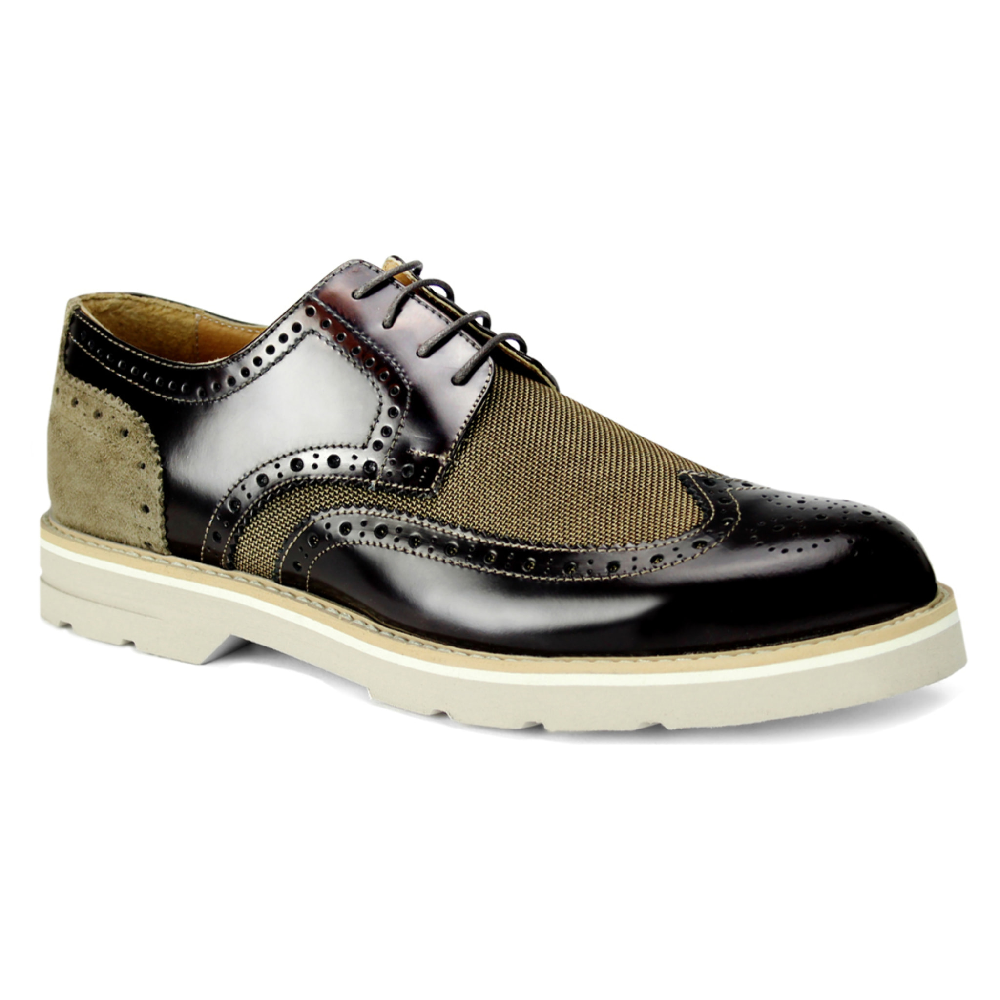 Derby in vera pelle abrasivato con tela/camoscio e suola in micro  taupe
