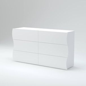 Comò ondulato, Made in Italy, Mobiletto per Soggiorno e Camera, Credenza 6 cassetti, colore Bianco lucido, cm 155x40h82