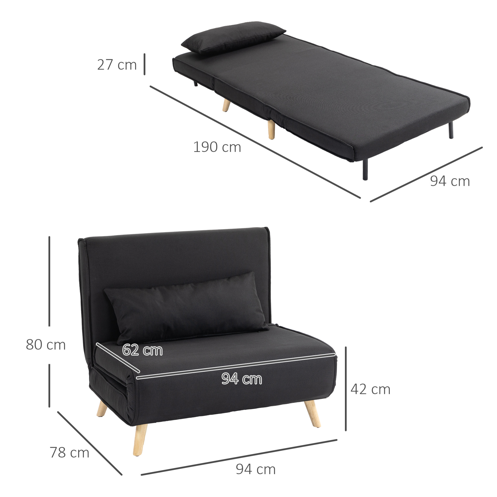 Sofá Cama Individual 3 en 1, Sillón Cama Plegable con Respaldo Ajustable en 6 Posiciones, Asiento Amplio, Almohada Acolchada, Patas de Madera, Carga 350 kg, 94x78x80 cm, Negro