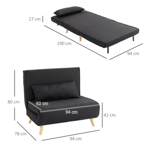 Sofá Cama Individual 3 en 1, Sillón Cama Plegable con Respaldo Ajustable en 6 Posiciones, Asiento Amplio, Almohada Acolchada, Patas de Madera, Carga 350 kg, 94x78x80 cm, Negro