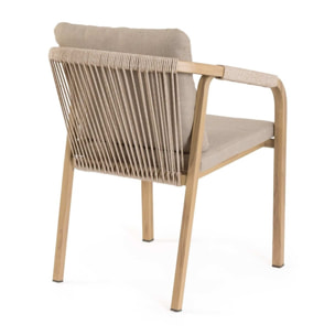 Set 4 sedie da giardino ALVOR con cuscini, intreccio in corda e struttura in alluminio effetto legno