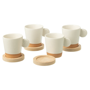 J-Line Boite 4 Tasses A Cafe + Base Bambou Ceramique Blanc/Naturel