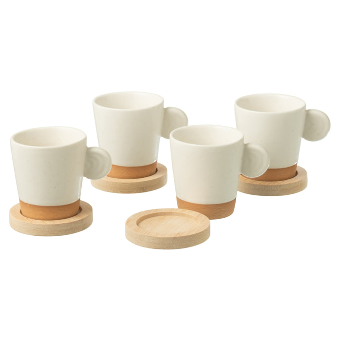 J-Line Boite 4 Tasses A Cafe + Base Bambou Ceramique Blanc/Naturel