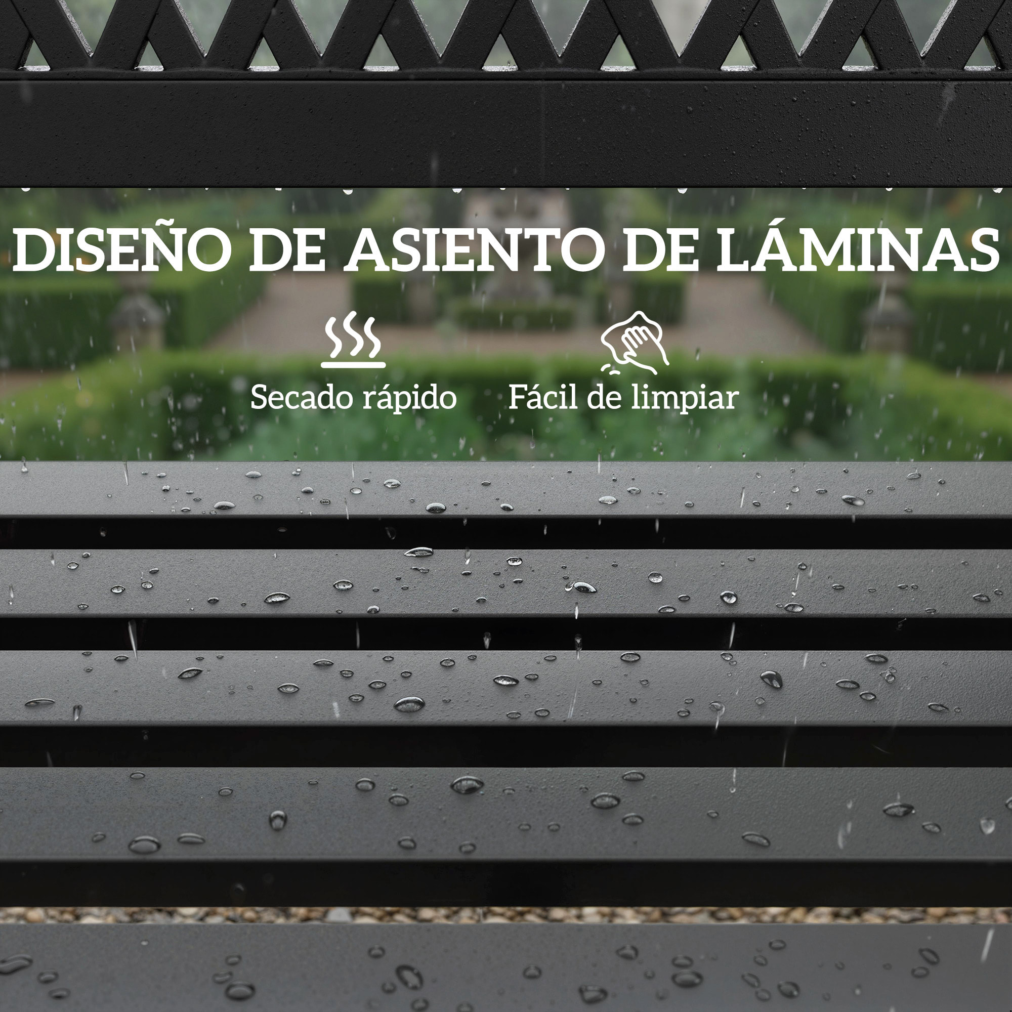 Banco de Jardín Exterior de 2 Plazas, Banco Exterior con Asiento Listonado, Reposabrazos y Marco de Acero, para Patio, Terraza, 119x50x75 cm, Negro