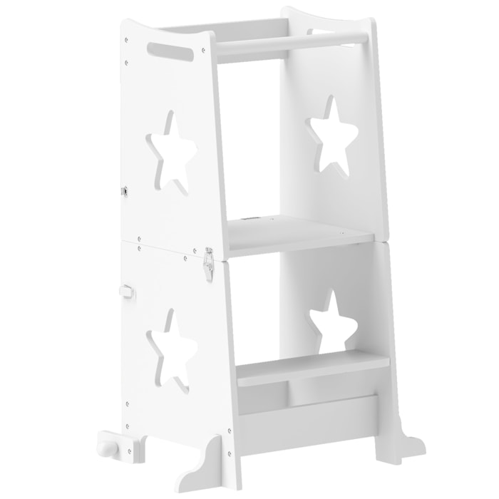 Torre de Aprendizaje 2 en 1 Taburete de Aprendizaje para Niños de +3 Años Convertible en Mesa y Silla con Barra de Seguridad 60x44,5x86 cm Blanco