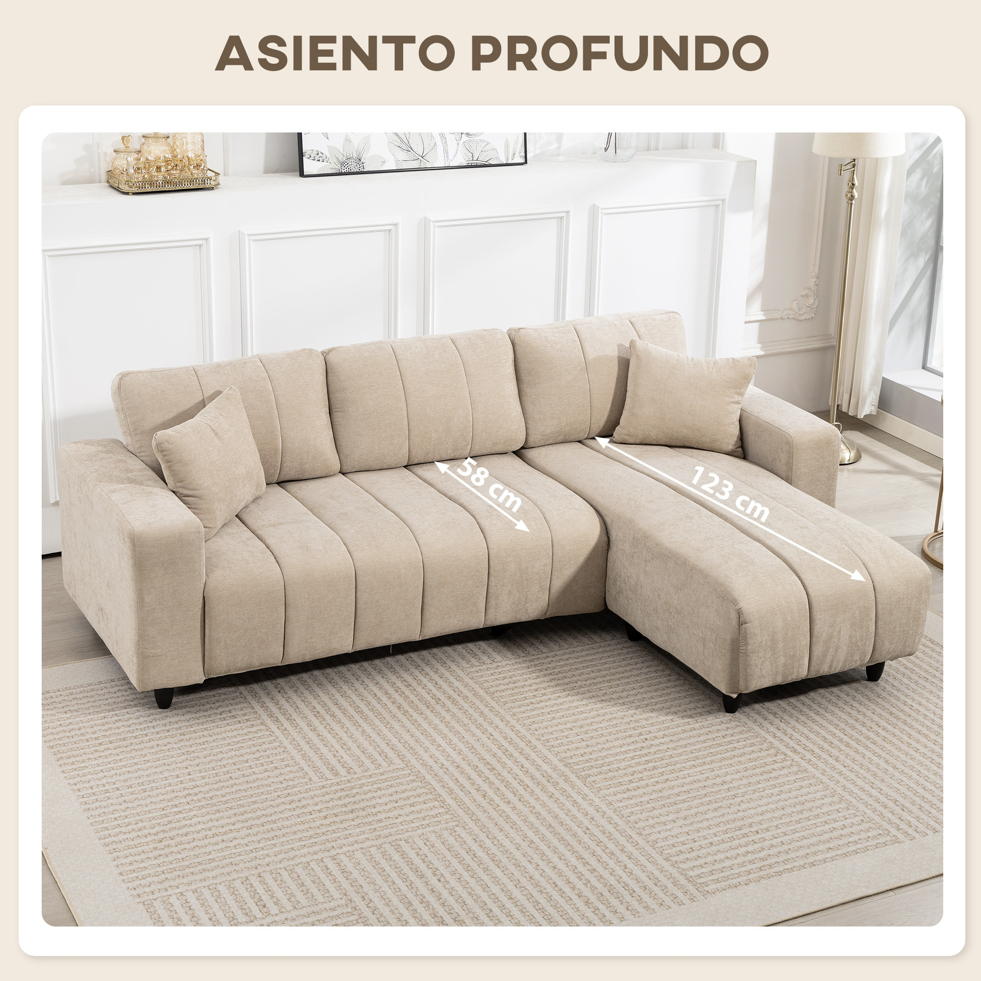 Sofá Chaise Longue Reversible, Sofá Esquinero en Forma de L de 3 Plazas, 2 Almohadas, Tapizado en Lino, Marco de Acero, para Salón, 242x156x87 cm, Beige
