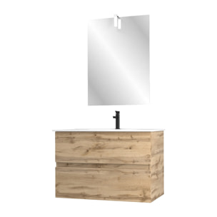 Pack Meuble SDB 80cm suspendu 2 tiroirs Chene_Vasque blanche + Miroir Led - TIMBER 80_Pack37