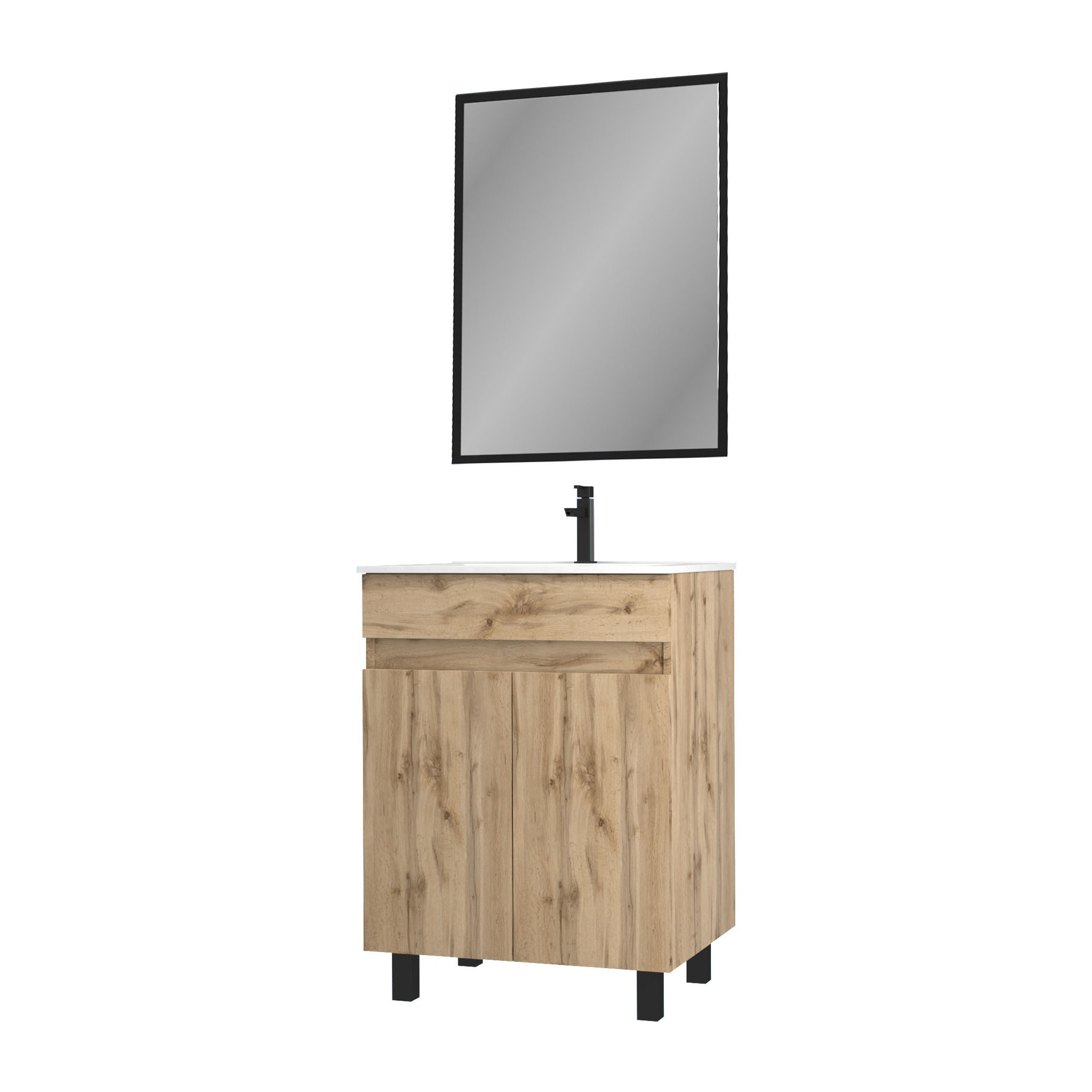 Meuble salle de bains 60cm décor chene naturel 2 portes - Vasque blanche et Miroir - TIMBER
