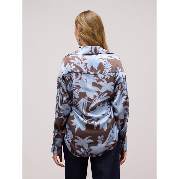 Oltre - Floral satin blouse - Light - blue