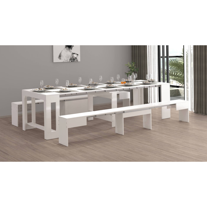 Panca Quedan, Set di 2 sedute per tavolo da pranzo, Panche allungabili, 290x25h45 cm, Bianco lucido