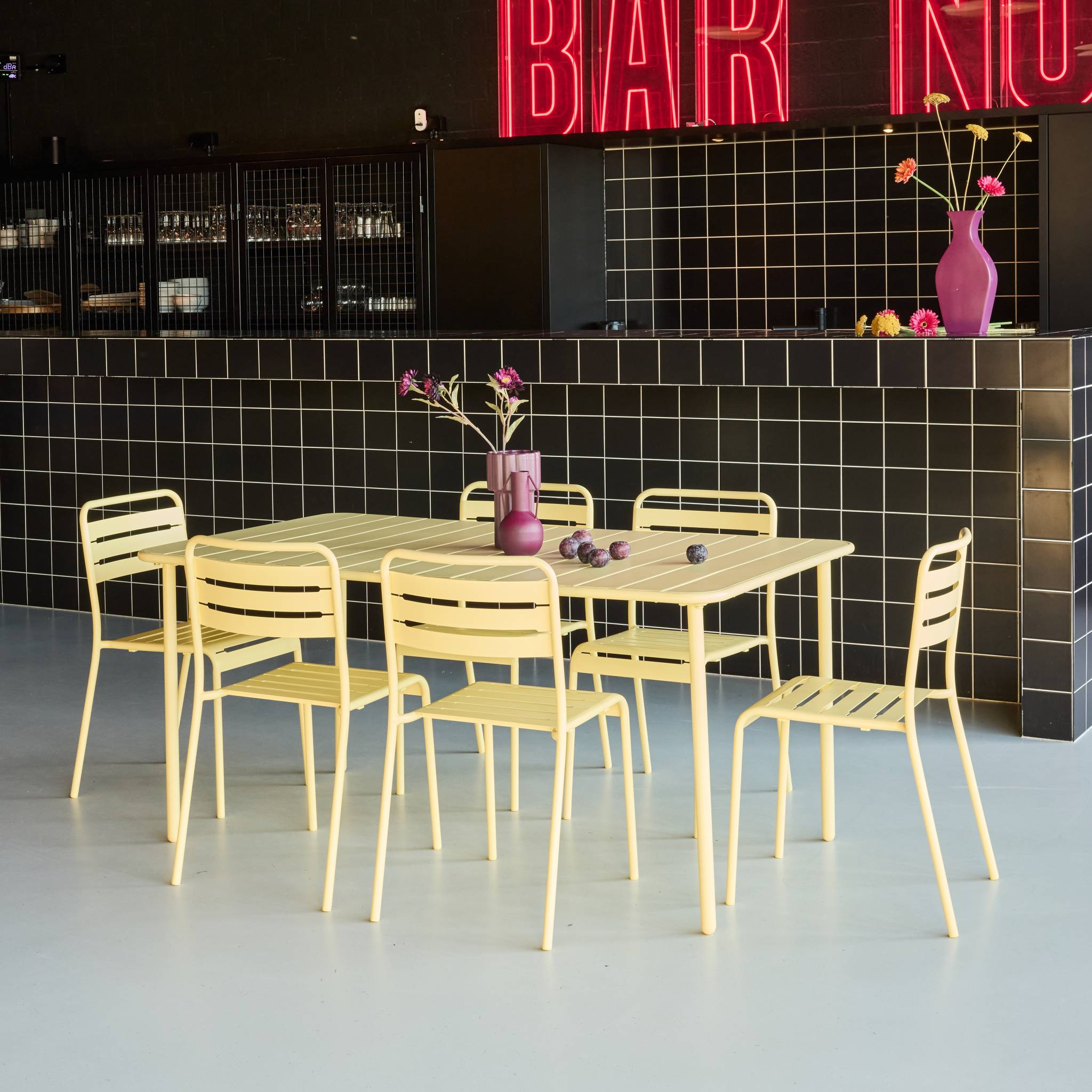 Table de jardin métal + 6 assises jaune Amélia