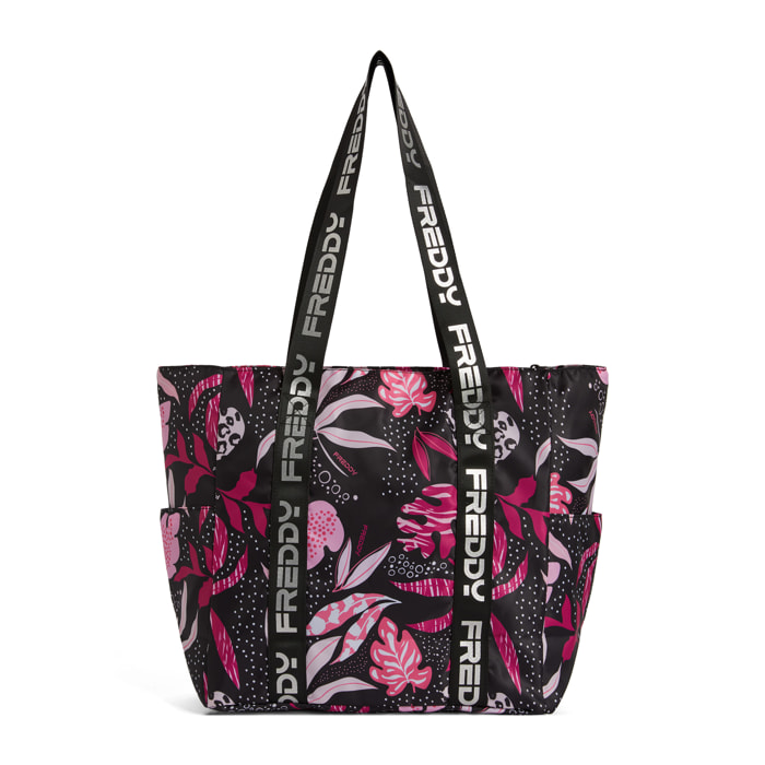 Borsa shopper stampa tropical con doppi manici logati argento