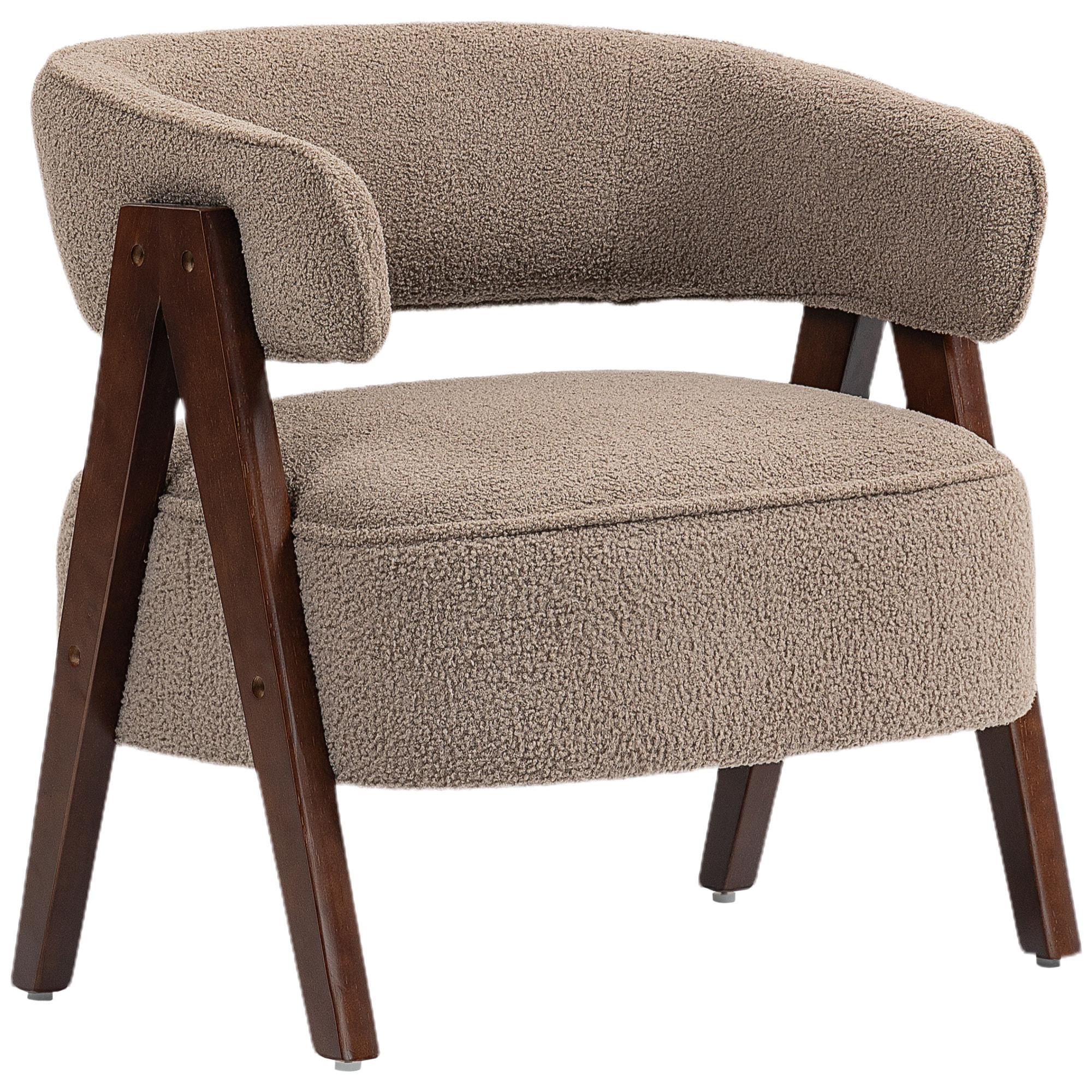 Butaca de Salón Tapizada en Borreguito, Sillón de Lectura Acolchado Grueso y Moderno, Asiento Ancho, Patas de Madera, Respaldo Curvado, para Dormitorio, Oficina, Marrón Claro