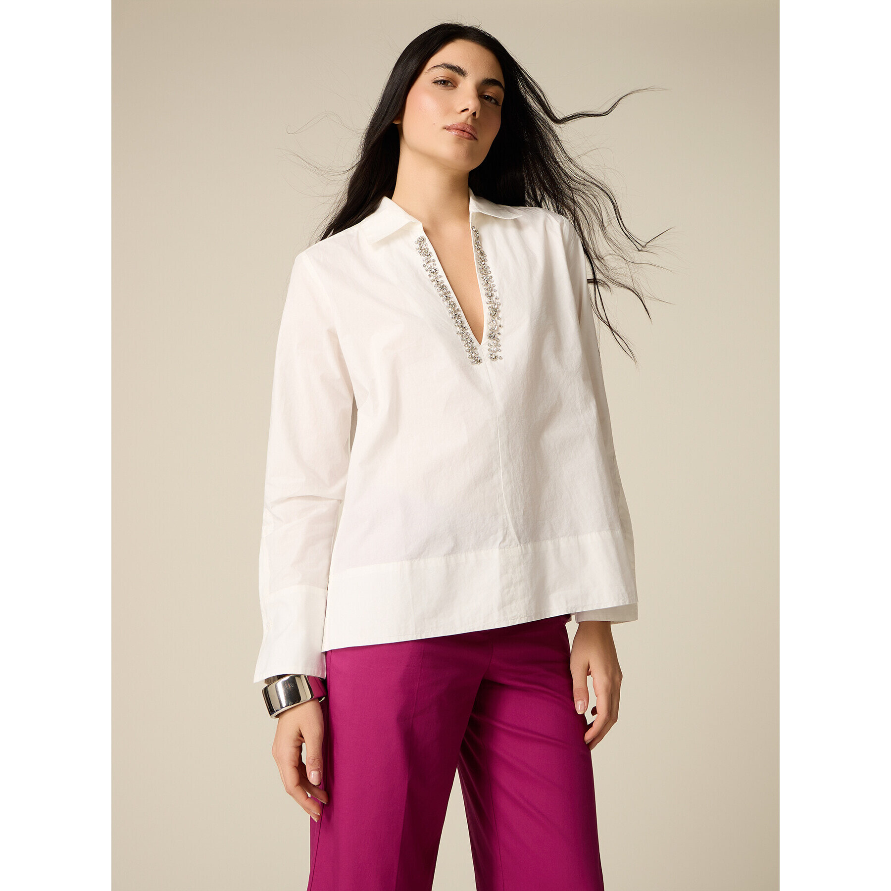 Oltre - Blusa in cotone con cristalli - Bianco
