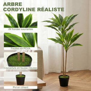 Plante artificielle cordyline H.90cm - grand réalisme - 29 feuilles - mousse effet lichen pots inclus
