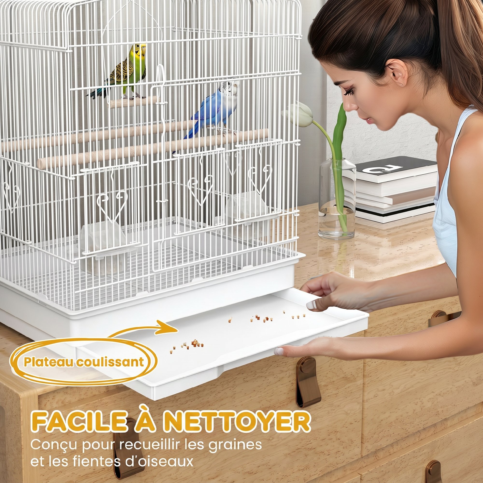 Cage oiseaux portable grande porte 5 trappes nourrissage + accessoires