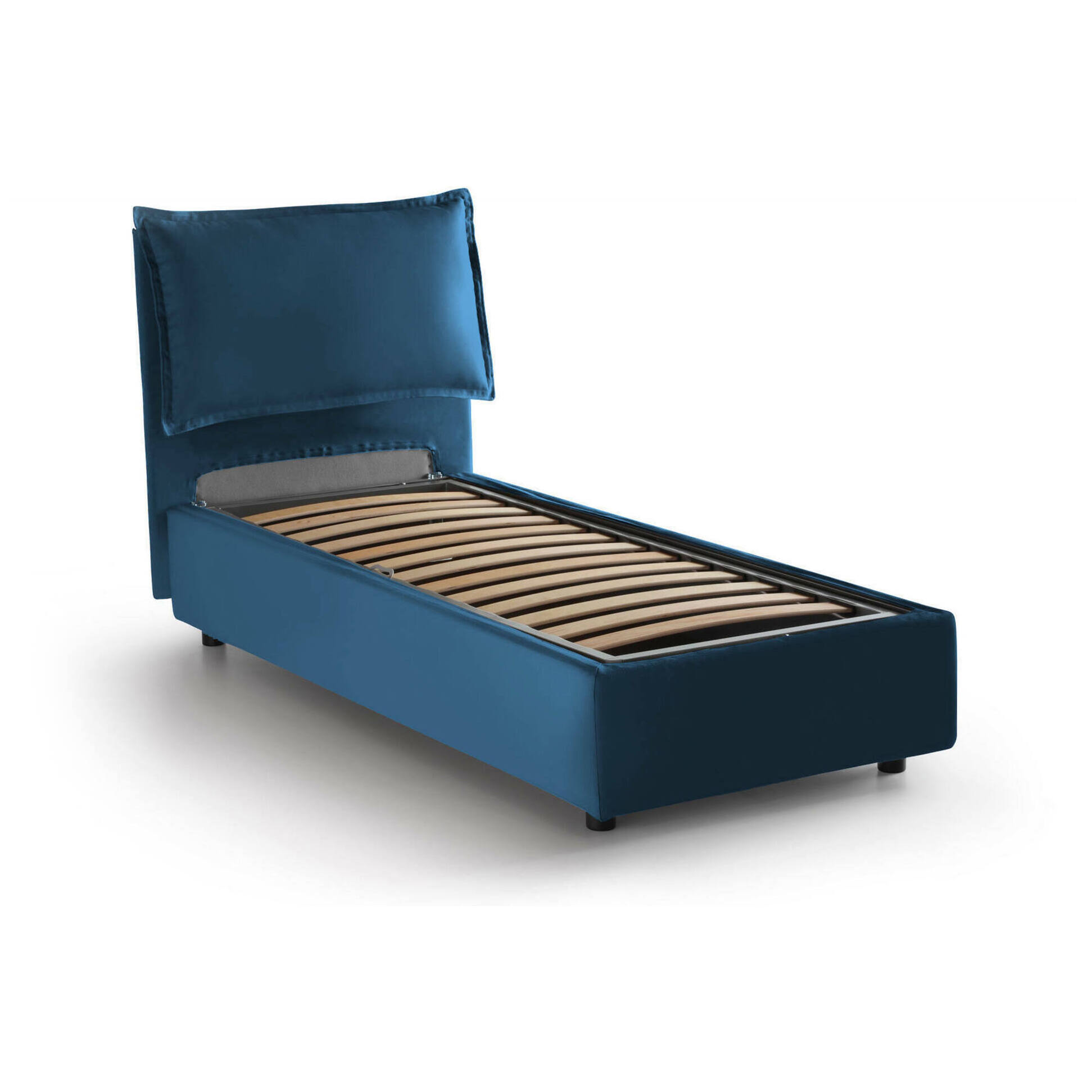 Letto singolo Zusanne, Letto contenitore con rivestimento in tessuto, 100% Made in Italy, Apertura frontale, adatto per materasso Cm 90x190, Blu