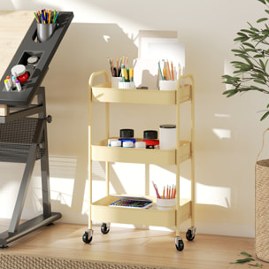 Carrito Auxiliar con Ruedas de 3 Niveles, Carrito de Cocina con 3 Cestas y 2 Asas, para Baño, Dormitorio, Oficina, 45x30,6x79 cm, Amarillo