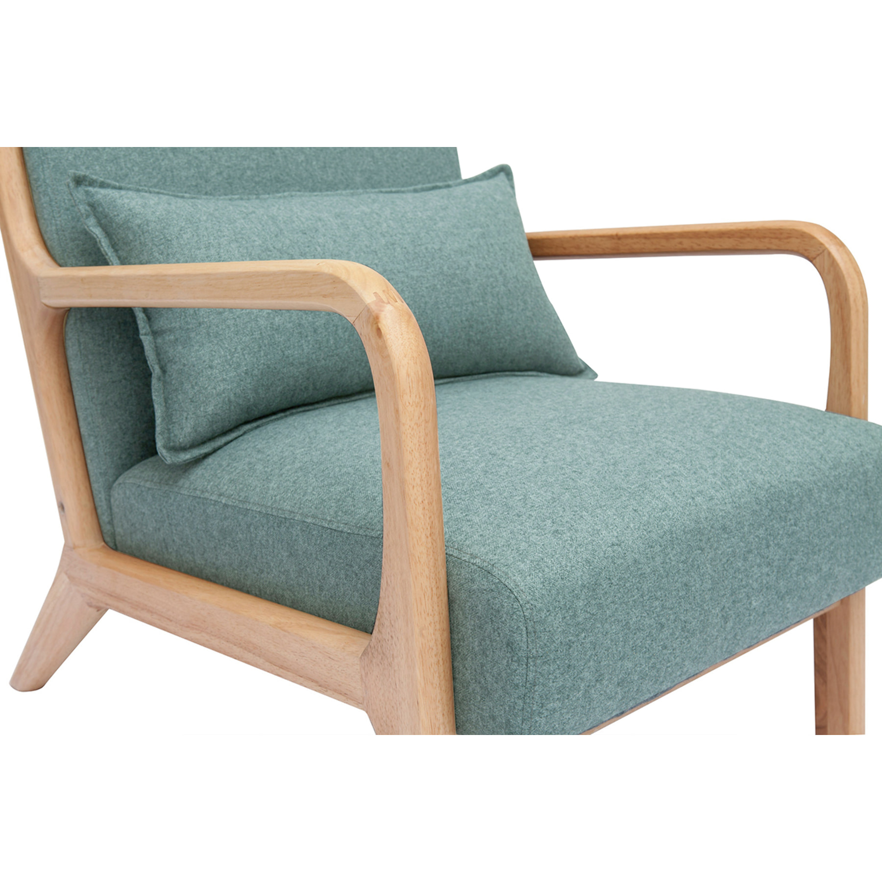 Fauteuil scandinave en tissu vert de gris et bois clair massif DERRY