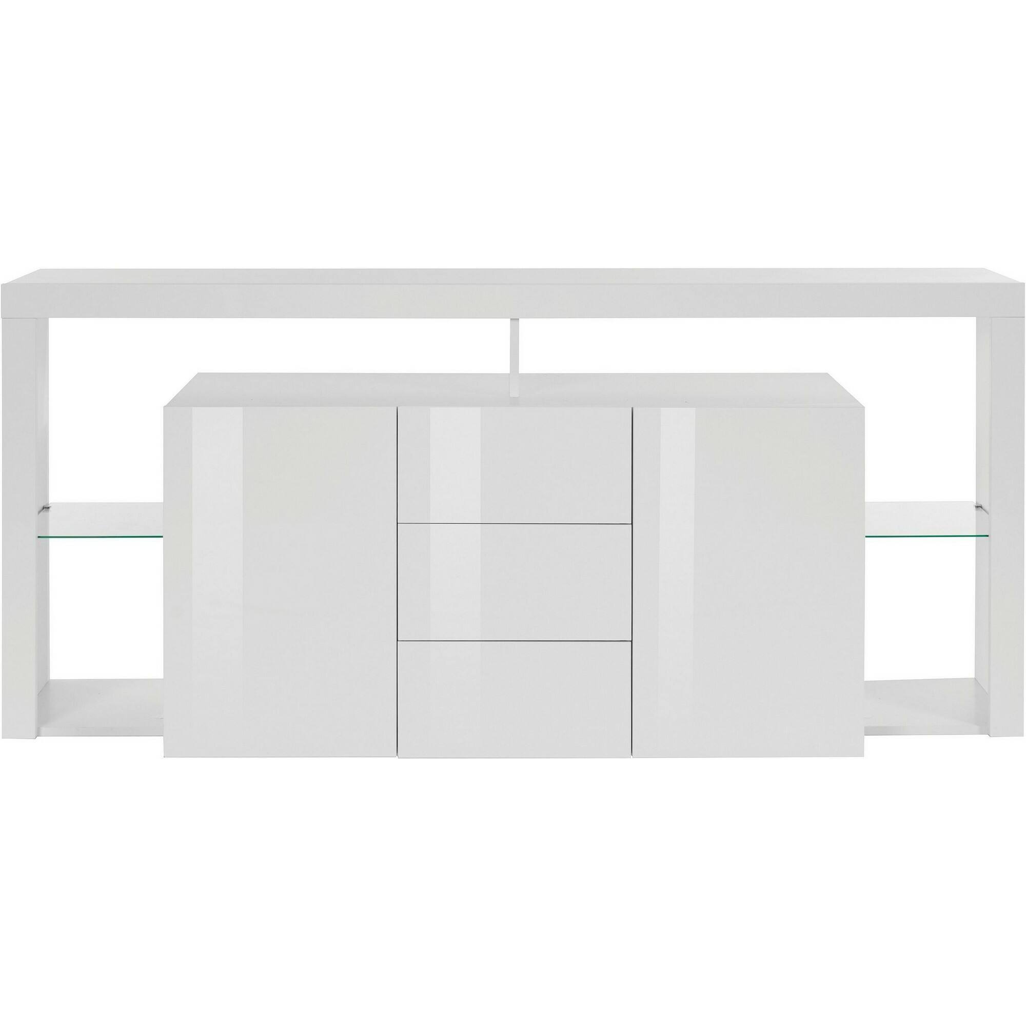 Credenza Ddapozz, Buffet da soggiorno a 2 ante e 3 cassetti, Madia da salotto, Credenza moderna, 100% Made in Italy, 180x40h80 cm, Bianco lucido