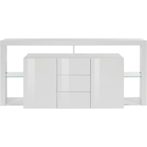 Credenza Ddapozz, Buffet da soggiorno a 2 ante e 3 cassetti, Madia da salotto, Credenza moderna, 100% Made in Italy, 180x40h80 cm, Bianco lucido