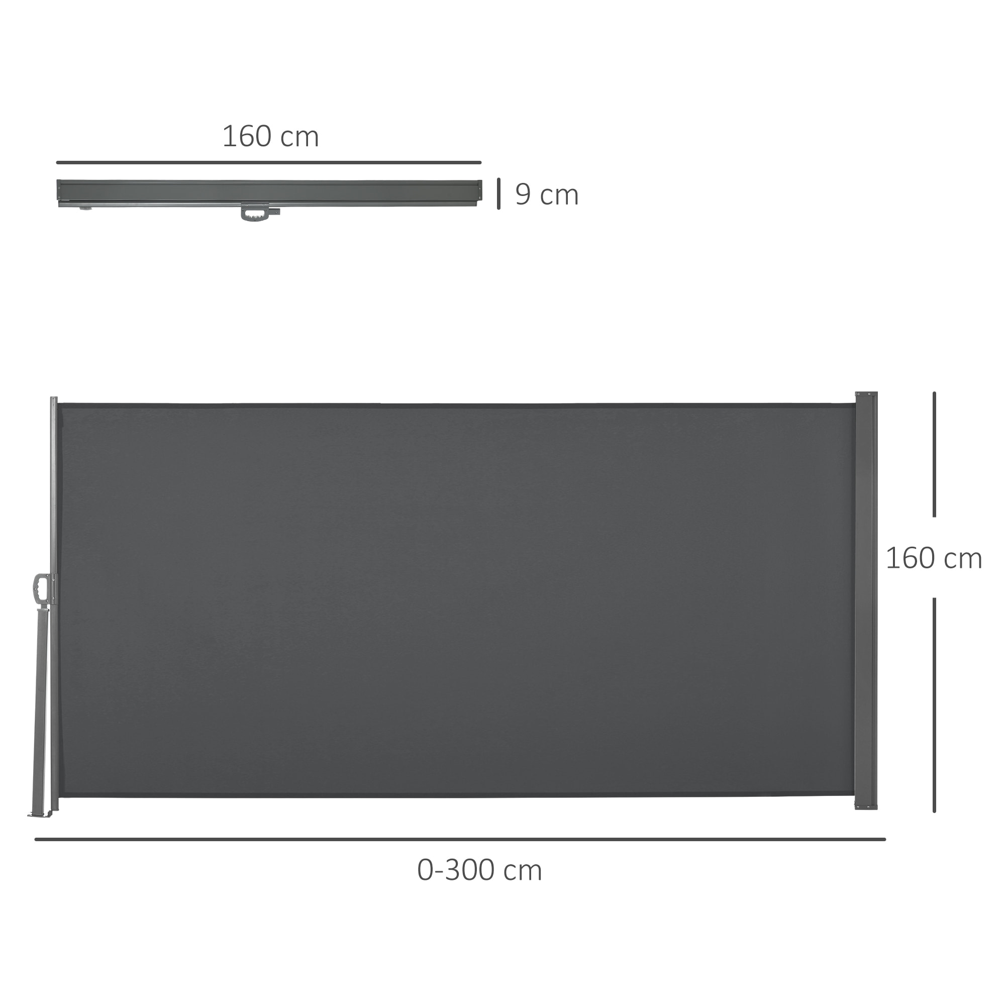 Store latéral brise-vue paravent rétractable dim. 3L x 1,6H m métal polyester imperméable anti-UV haute densité 180g/m² gris
