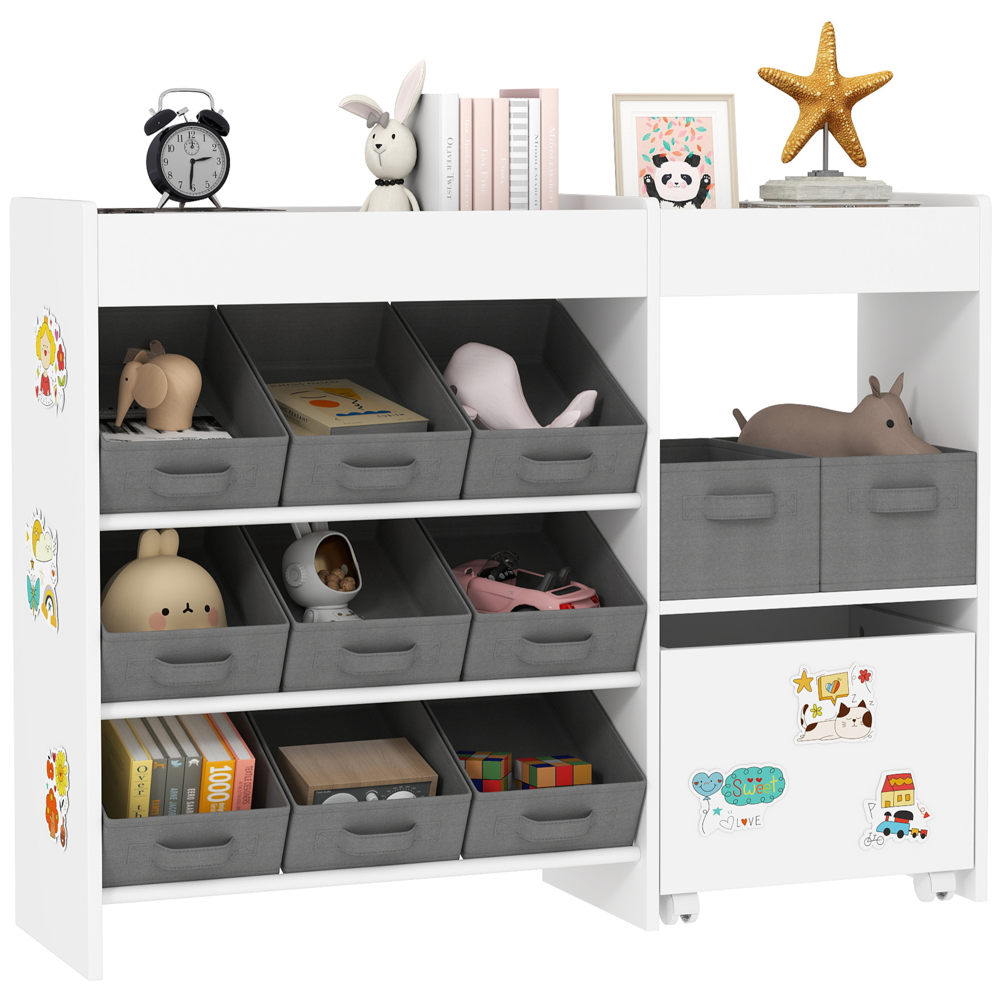 Estantería para Juguetes para Niños Organizador Infantil con 11 Cestas Extraíbles Compartimentos y Láminas de Pegatinas para Guardería Sala de Juegos 105x30x80 cm Blanco