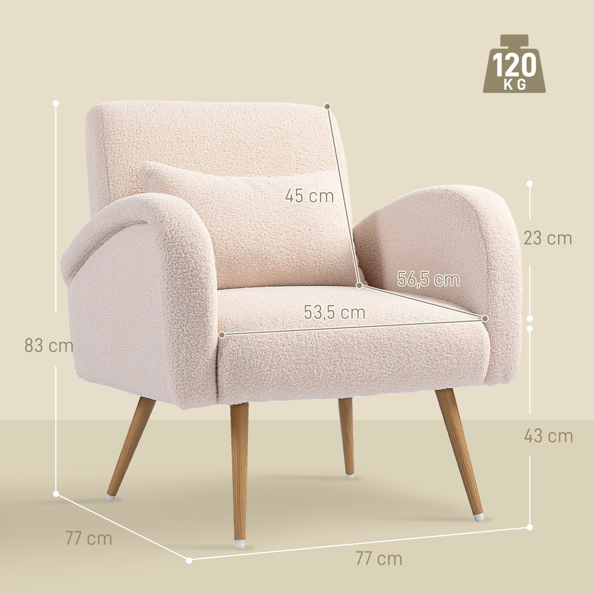 HOMCOM Sillón de Salón de Tela Teddy, Butaca de Salón con Cojín Lumbar Desmontable, Patas de Metal con Efecto Madera, Sillón de Relax para Dormitorio, Oficina, Estudio, Beige