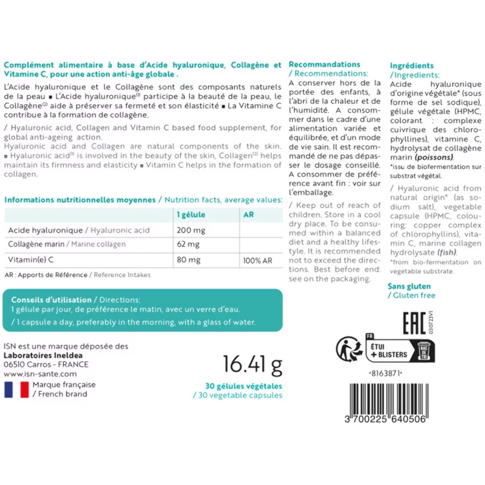 ISN - Hyalurid® - Action anti-âge globale - Préserve la beauté et la jeunesse de la peau - Fermeté & élasticité - Effet repulpant - Acide Hyaluronique, Collagène marin, Vitamine C - Cure 30 jours