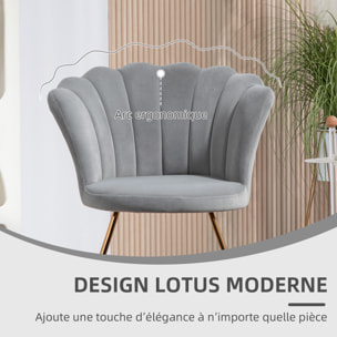 Fauteuil design coquillage piètement acier doré velours gris