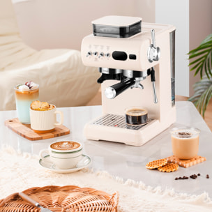 Cafetera de 1350W con 20 niveles de molido, extracción dual para café caliente y frío, vapor potente, tanque 1,8L y 20bar.