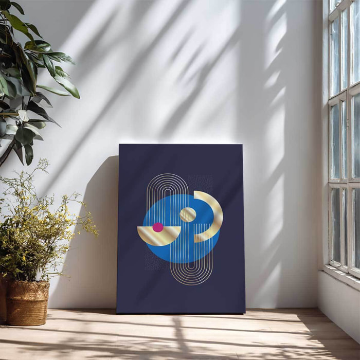 Tableau abstrait cercle bleu et formes dorées Toile imprimée