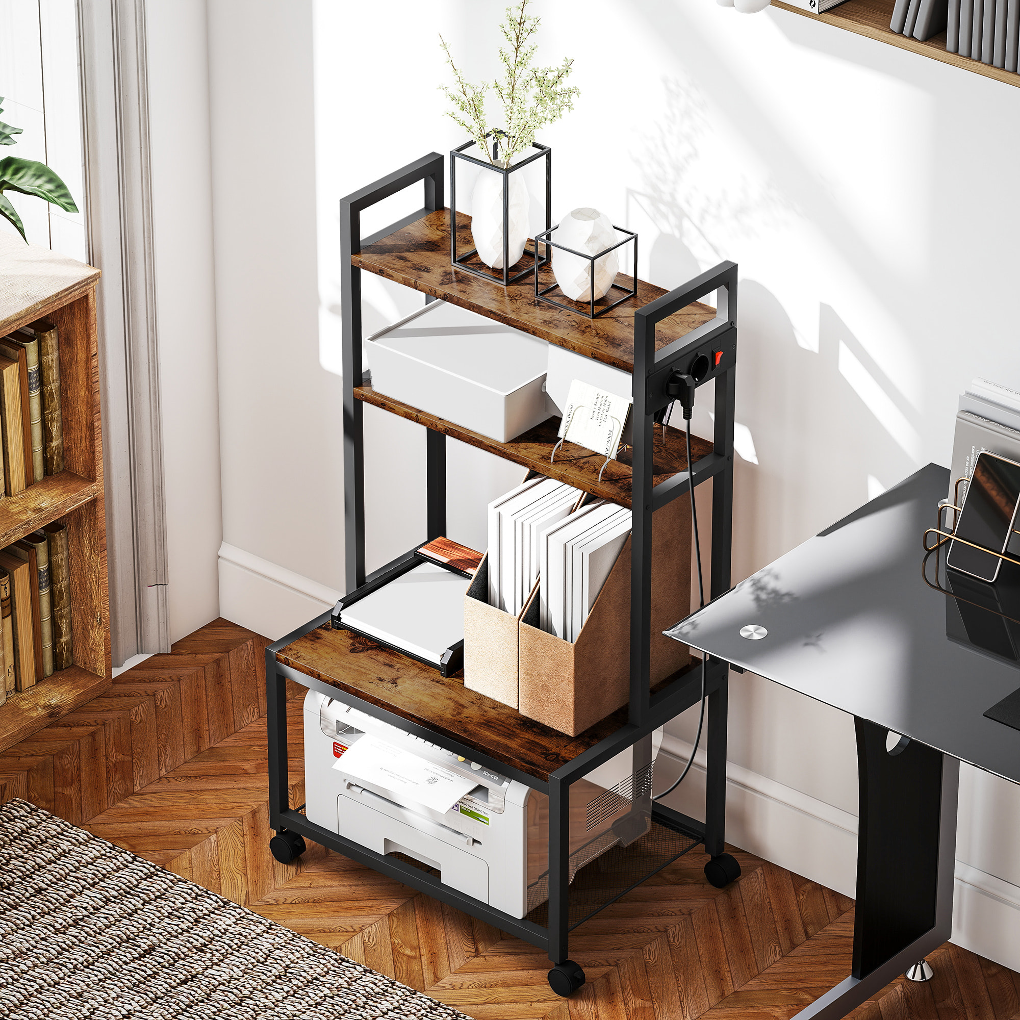 Soporte para Impresora con Estación de Carga Mueble para Impresora de 4 Niveles con Ruedas y Marco Metálico para Oficina Casa Escuela Marrón Rústico