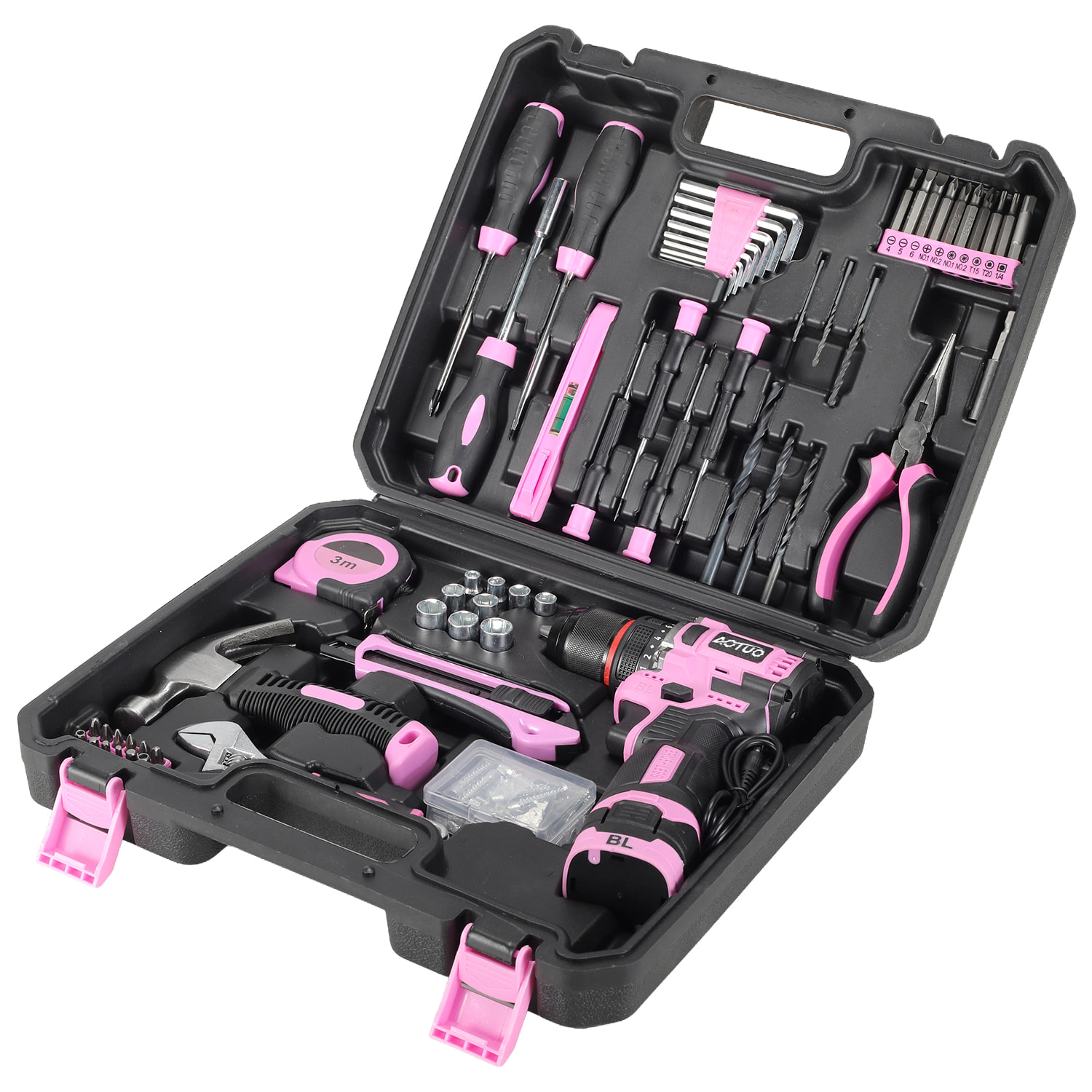 Taladro eléctrico inalámbrico de 21V con motor sin escobillas y doble velocidad, maletín de transporte con 65 accesorios y batería de 6000 mAh.