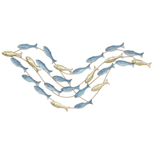 Décoration murale métal doré et bleu - Déco murale poissons - 100 x 50 cm
