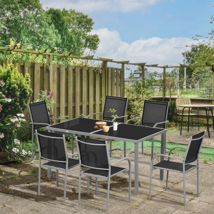 Ensemble de jardin 6 personnes chaises empilables table à manger dim. 150L x 90l x 72H cm plateau verre acier époxy textilène noir